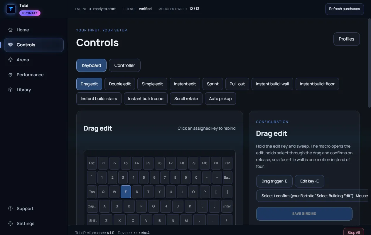 Tobi Performance Controls screen: macro selector, keyboard diagram with the assigned key highlighted, and the configuration inspector