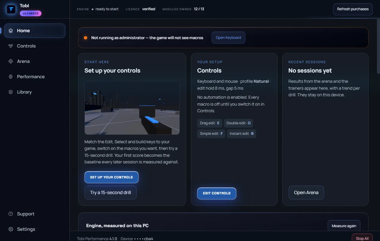 Tobi Performance Home: continue training with a rendered arena preview, your setup, recent sessions