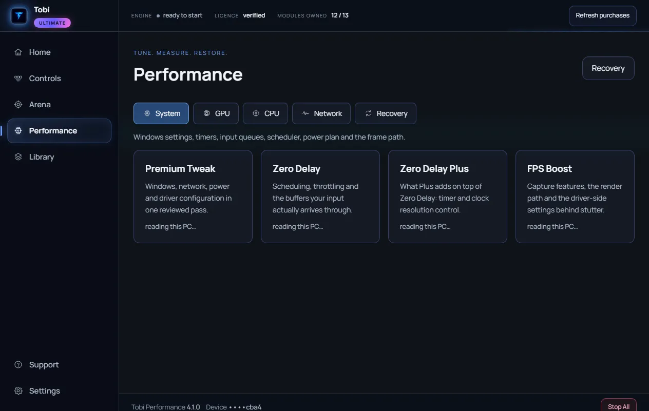 Tobi Performance workspace with System, GPU, CPU, Network and Recovery categories